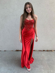 Glitter Red Mermaid Spaghetti Straps Appliques Long Prom Dress with Slit