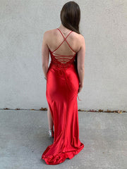 Glitter Red Mermaid Spaghetti Straps Appliques Long Prom Dress with Slit