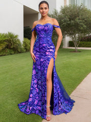 Royal Blue Sheath Off the Shoulder Long Sequined Prom Dress With Slit