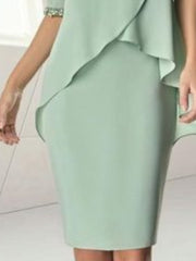 Sheath/Column Jewel Neck Knee-Length Half Sleeve Mother of the Bride Dresses with Beading Ruching