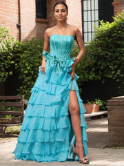 Blue A Line Strapless Long Pleated Prom Dress With Slit