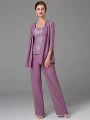 Chiffon Square Neck Mother of the Bride Pantsuits with Jacket