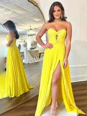 Yellow A Line Strapless Sweetheart Pleated Prom Dress with High Slit