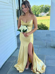 Yellow Mermaid Strapless V-Neck Metallic Sleeveless Prom Dress with Slit