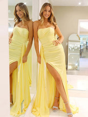 Yellow Mermaid Strapless Long Prom Dress with Slit