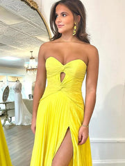 Yellow A Line Strapless Sweetheart Pleated Prom Dress with High Slit