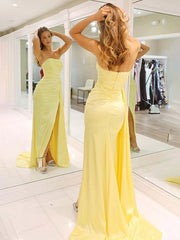 Yellow Mermaid Strapless Long Prom Dress with Slit