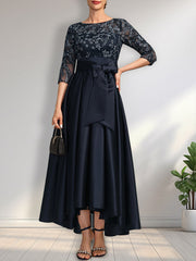 A-line Scoop Illusion Asymmetrical Satin Lace Mother of the Bride Dress With Bow