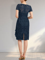 Sheath Scoop Illusion Knee-Length Lace Chiffon Mother of the Bride Dress With Cascading Ruffles Sequins