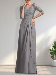 A-line Scoop Illusion Floor-Length Chiffon Lace Mother of the Bride Dress With Beading Sequins Cascading Ruffles