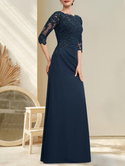 A-line Scoop Floor-Length Chiffon Lace Mother of the Bride Dress With Beading Pleated Sequins