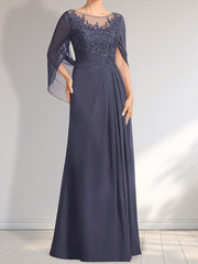 A-line Scoop Illusion Floor-Length Lace Chiffon Mother of the Bride Dress With Pleated Sequins