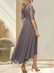 A-line Boat Neck Illusion Asymmetrical Chiffon Lace Mother of the Bride Dress With Sequins Beading