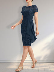 Sheath Scoop Illusion Knee-Length Lace Chiffon Mother of the Bride Dress With Cascading Ruffles Sequins