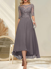 A-line Boat Neck Illusion Asymmetrical Chiffon Lace Mother of the Bride Dress With Sequins Beading