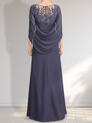 A-line Scoop Illusion Floor-Length Lace Chiffon Mother of the Bride Dress With Pleated Sequins