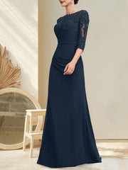 A-line Scoop Floor-Length Chiffon Lace Mother of the Bride Dress With Beading Pleated Sequins