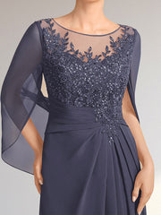 A-line Scoop Illusion Floor-Length Lace Chiffon Mother of the Bride Dress With Pleated Sequins