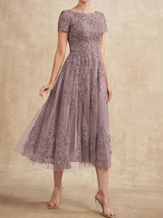 A-line Scoop Tea-Length Tulle Lace Mother of the Bride Dress