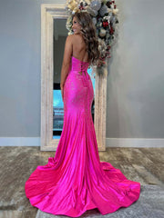 Hot Pink Mermaid Strapless Long Prom Dress with Beads