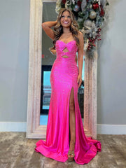 Hot Pink Mermaid Strapless Long Prom Dress with Beads