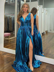 Blue A Line V-Neck Metallic Long Prom Dress with Slit