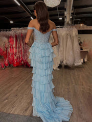 Light Blue Mermaid Off the Shoulder Corset Long Prom Dress with Appliques