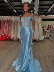 Light Blue Mermaid Off the Shoulder Corset Long Prom Dress with Appliques