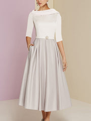 A-Line/Princess Jewel Neck Half Sleeve Tea Length Mother of the Bride Dresses with Pockets Pleats