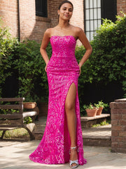 Elegant Fuchsia Strapless Sequin Gown with High Slit