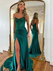 Green Mermaid Strapless Corset Beaded Prom Dress with Slit