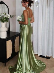 Green Mermaid Spaghetti Straps Bodice Long Prom Dress with Beads