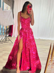 Hot Pink A Line Floral Long Prom Dress with High Slit