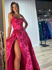 Hot Pink A Line Floral Long Prom Dress with High Slit