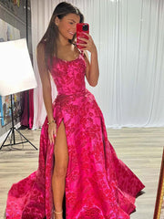 Hot Pink A Line Floral Long Prom Dress with High Slit