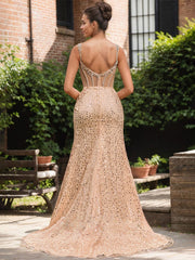 Sparkly Gold Mermaid Long Prom Dress With Beading Slit