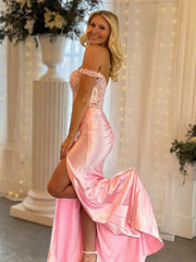 Pink Mermaid Off-Shoulder Sweetheart Appliques Pleated Prom Dress with Slit