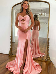 Hot Pink Mermaid Strapless Long Prom Dress with Beads