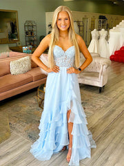 Light Blue A Line Strapless Appliques Corset Prom Dress with Ruffle Skirt