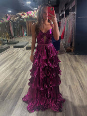 Purple A Line Spaghetti Straps Ruffle Tiered Prom Dress