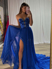 Royal Blue A-Line Strapless Bows Long Prom Dress with Slit