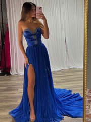 Royal Blue A-Line Strapless Bows Long Prom Dress with Slit