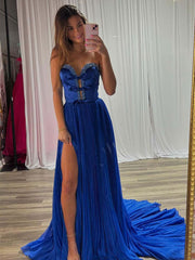 Royal Blue A-Line Strapless Bows Long Prom Dress with Slit